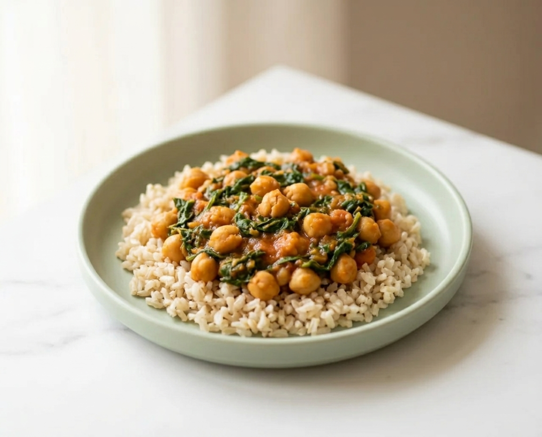 Mild Chickpea and Spinach Curry with Rice