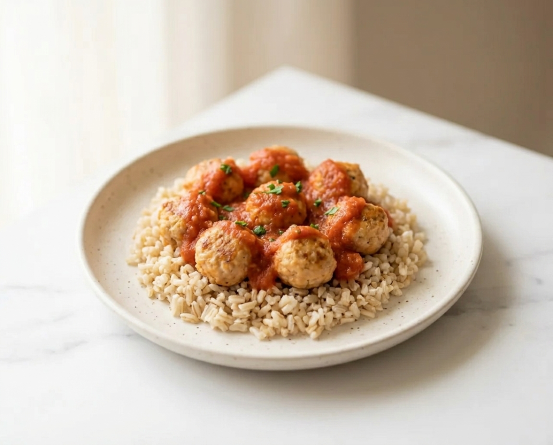 Mini Chicken Meatballs over Rice