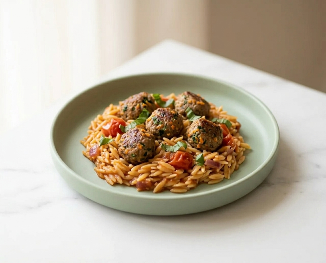 Tomato Orzo with Beef & Veggie Meatballs