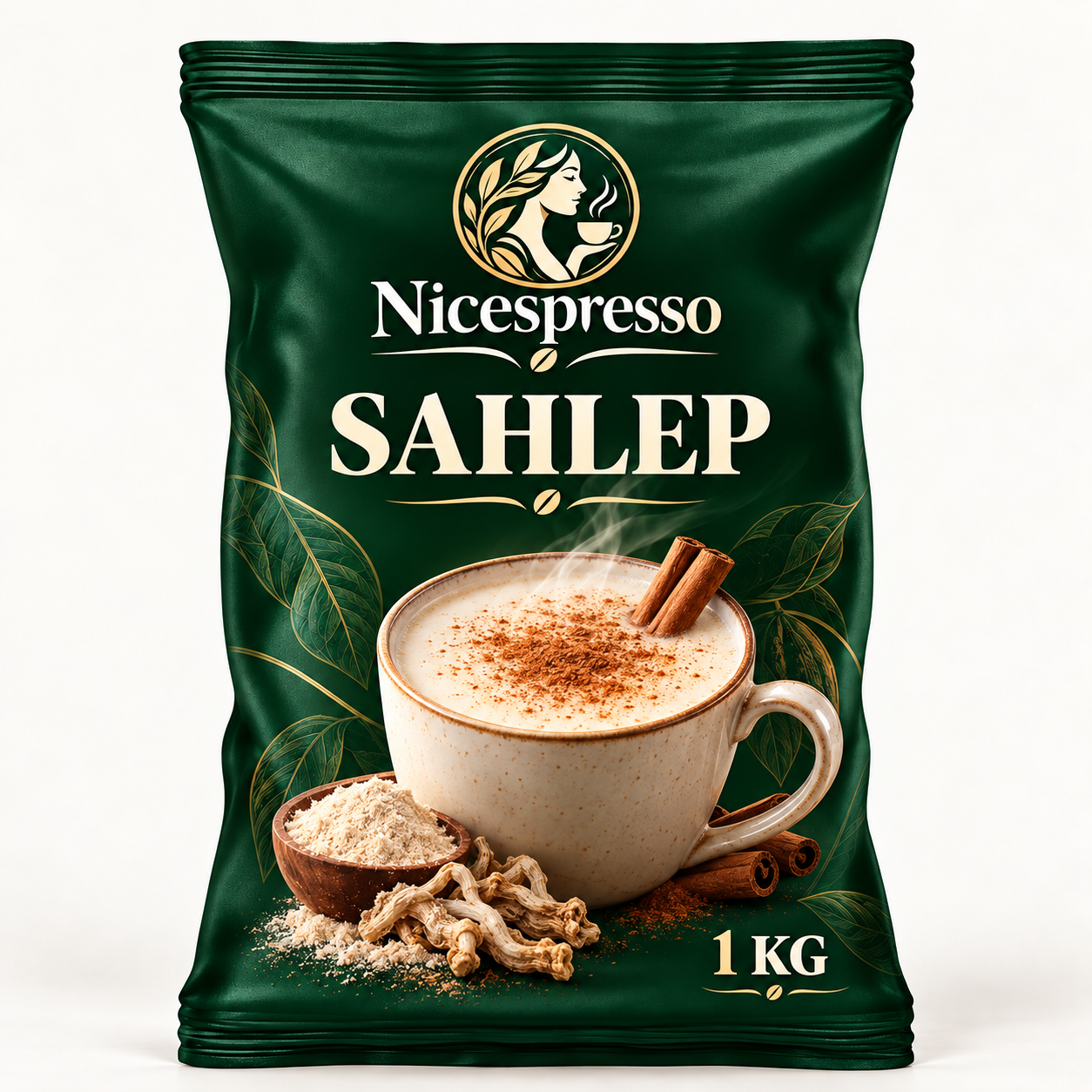 Sahlep 1 kg paket ve tarçınlı sahlep fincanı