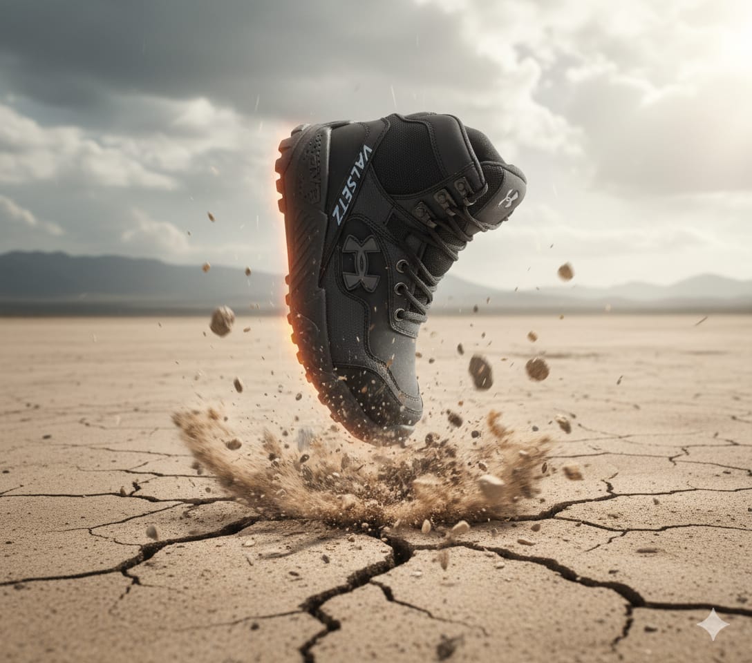 Una bota táctica Armour™ negra suspendida en el aire sobre un desierto de tierra agrietada, con polvo levantándose por el impacto, demostrando su resistencia.