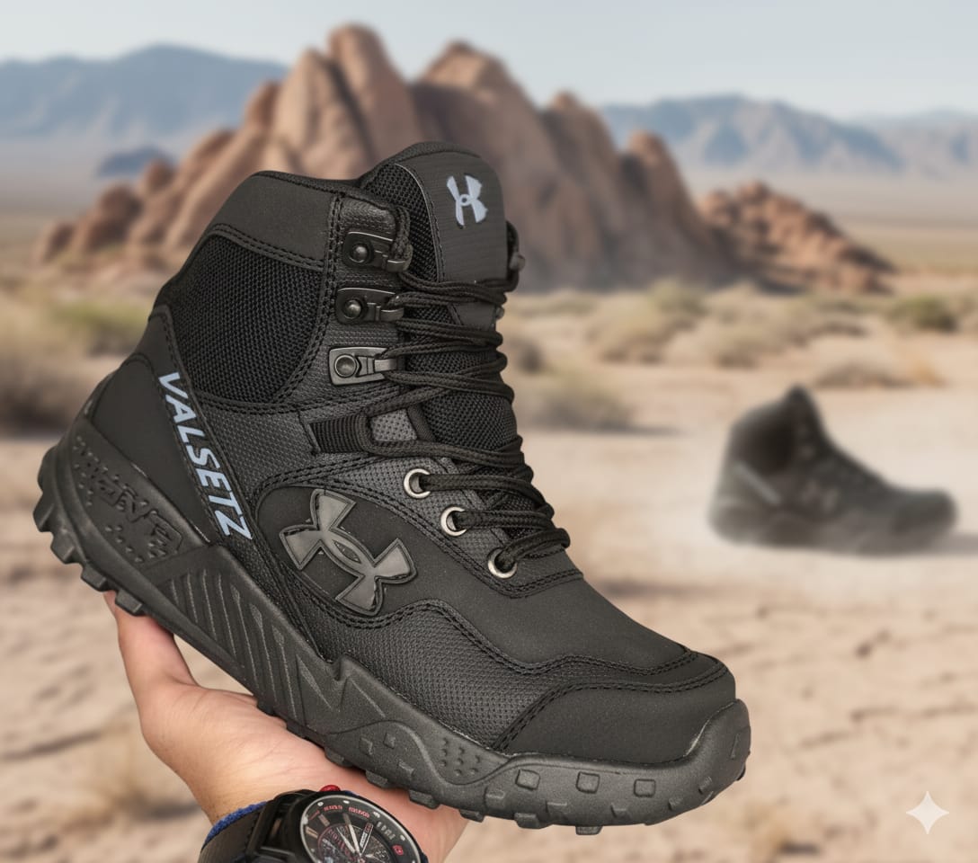 Un primer plano de la bota táctica Armour™ en un entorno desértico, enfocando la calidad y el diseño robusto del calzado.