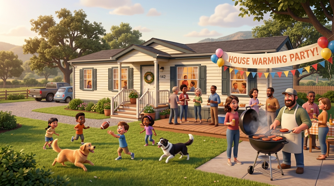 I want a photo of a double manufactured home hosting a bbq with friends and family, kids playing, dogs running around. meat on the grill and people eating. Add cars in the driveway and a house warming party sign