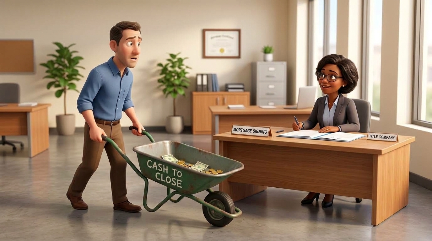 I want a guy pushing a wheelbarrow with very little money in it, just acouple bills. Put "Cash to Close" on the side. have them rolling up to a desk to sign mortgage docs.