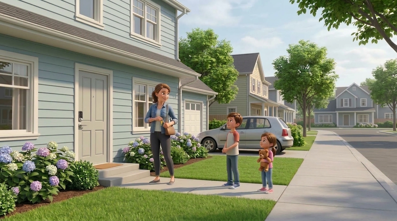 I want to show a house in a neighborhood with a single mom and kids out front, that jsut put a lock on it and secured the home ready for a fresh start