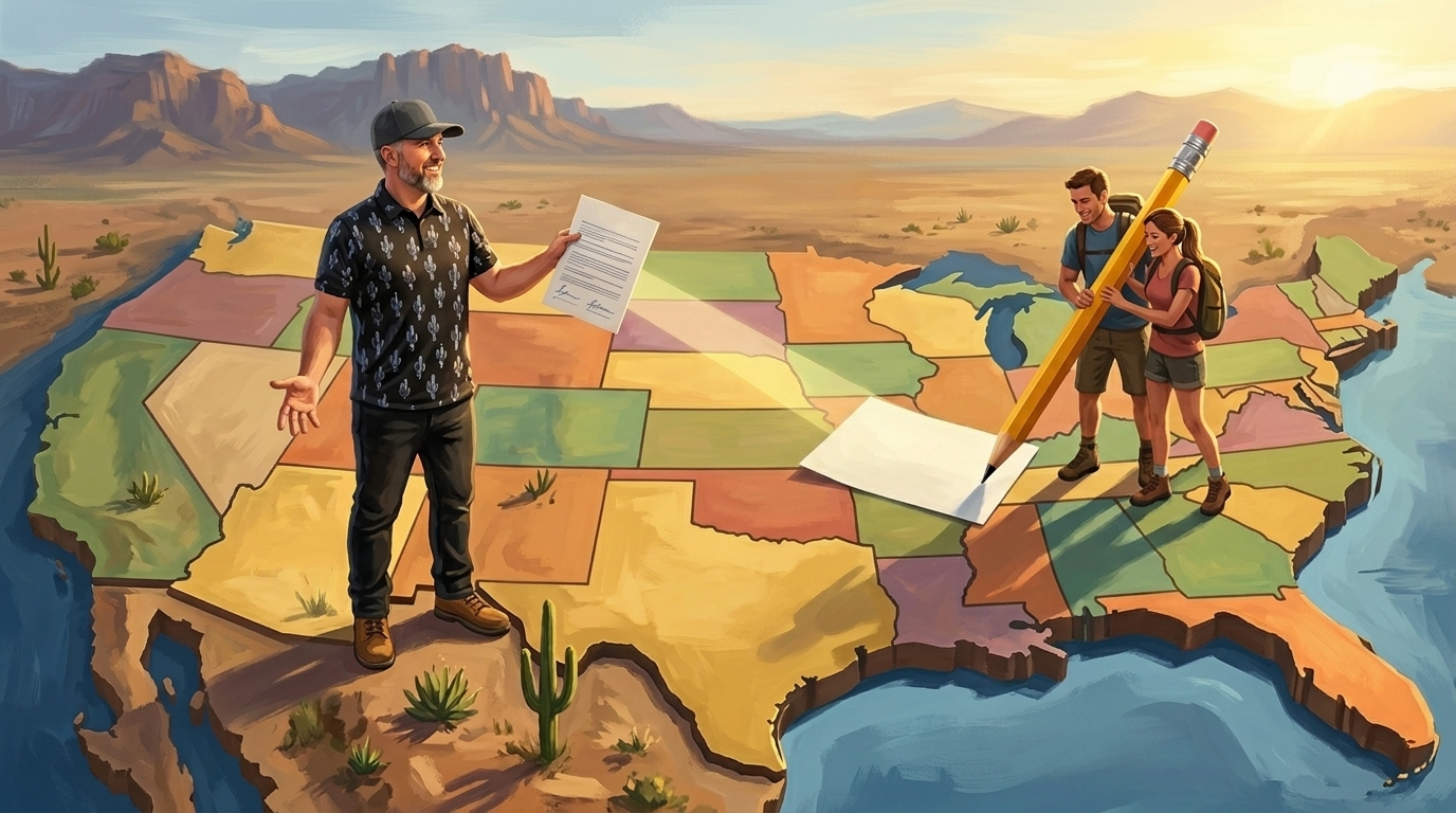 A Montana couple with a giant pencil signs closing papers held out to them by a loan officer's arm reaching in from sunny Phoenix.