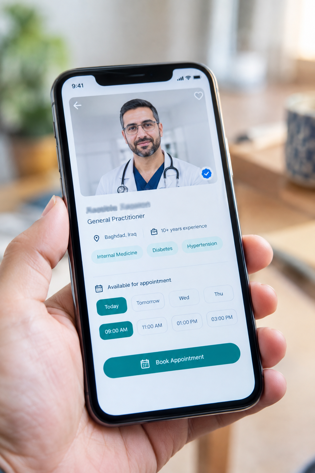 Smartphone screen showing a doctor's profile card with a verification checkmark badge