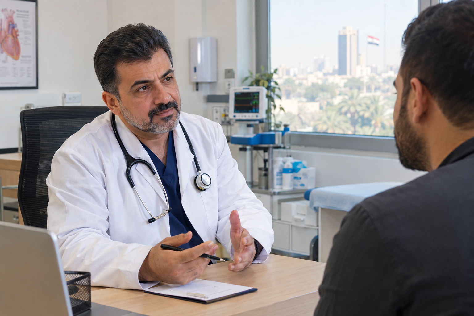 A doctor consulting with a patient in a modern clinic in Iraq