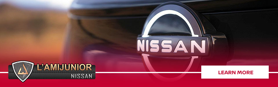 more : picture of the front of a car, the zoom was made on the nissan logo. We can also see the logo of the friend junior