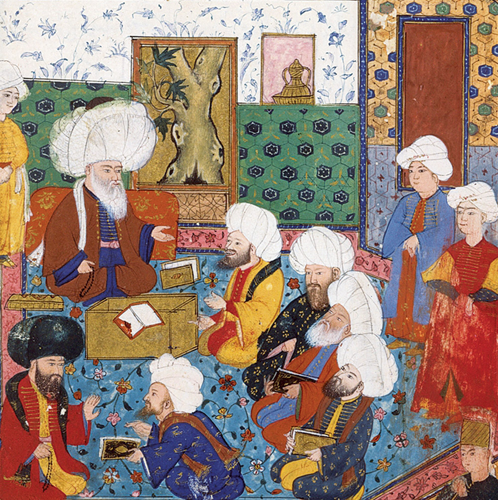 Miniatura otomana do século XVI retratando o grão-mufti Ebussud, pelo artista  Mahmud Abd-al Baqi.