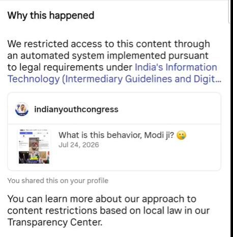 Meta restricts posts by Indian Youth Congress, AAP, Opposition leaders