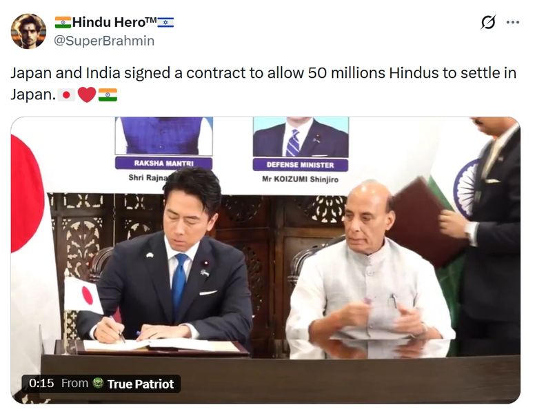 No, Japan and India did not sign a ‘contract’ allowing 50 million Hindus to settle in Japan