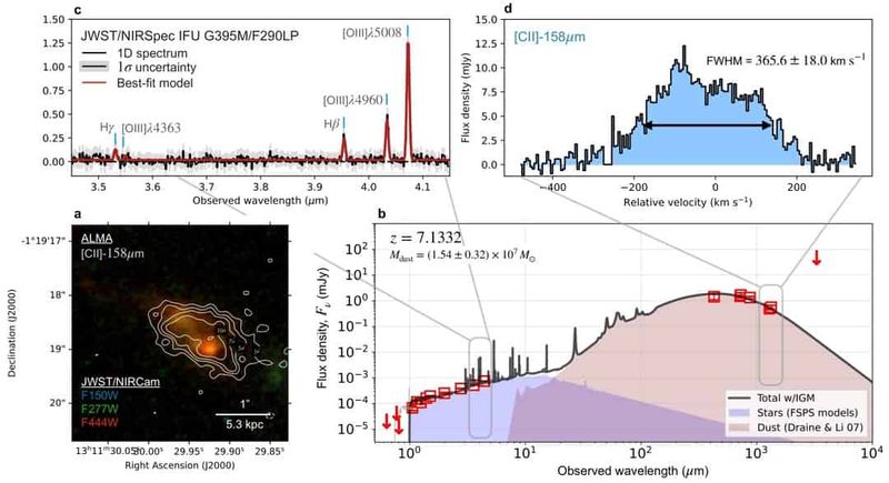 Evidence for inefficient dust production in a massive, metal-rich galaxy at z=7.13 uncovered by JWST and ALMA