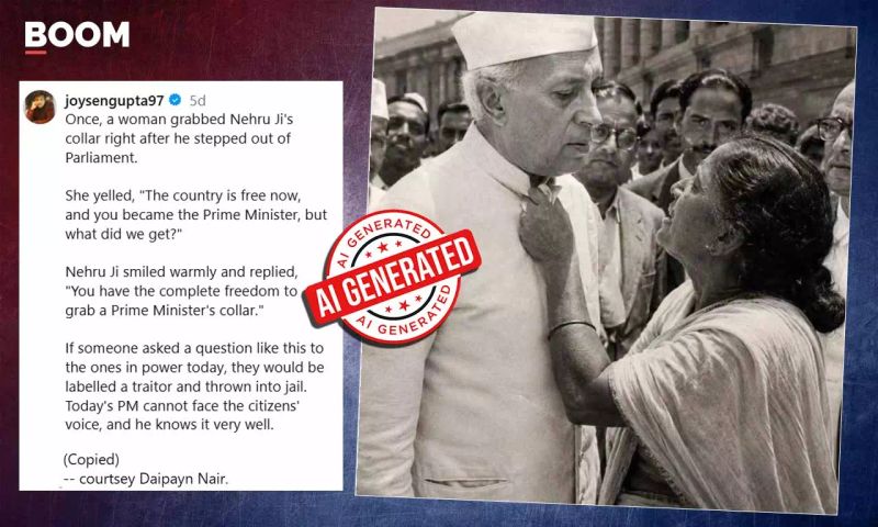 Viral Photo Of Woman Grabbing Jawaharlal Nehru’s Collar Is AI-Generated
