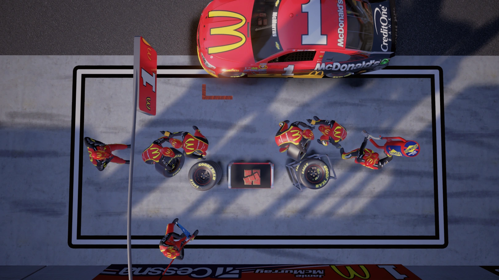 aerial shot of the pit crew zone on a 3d modeled raceway