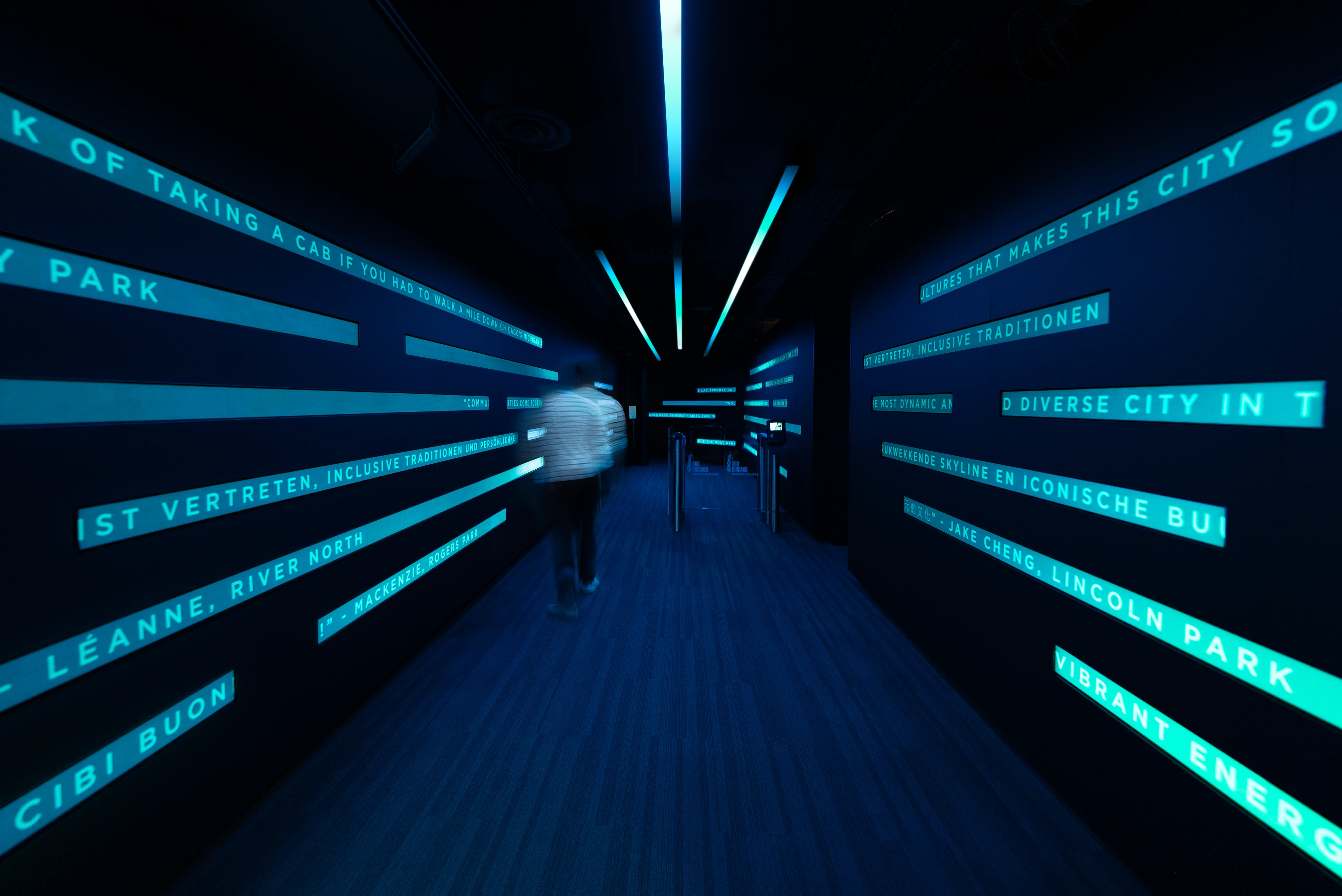 Welcome hallway experience at 360 CHICAGO immersive concourse