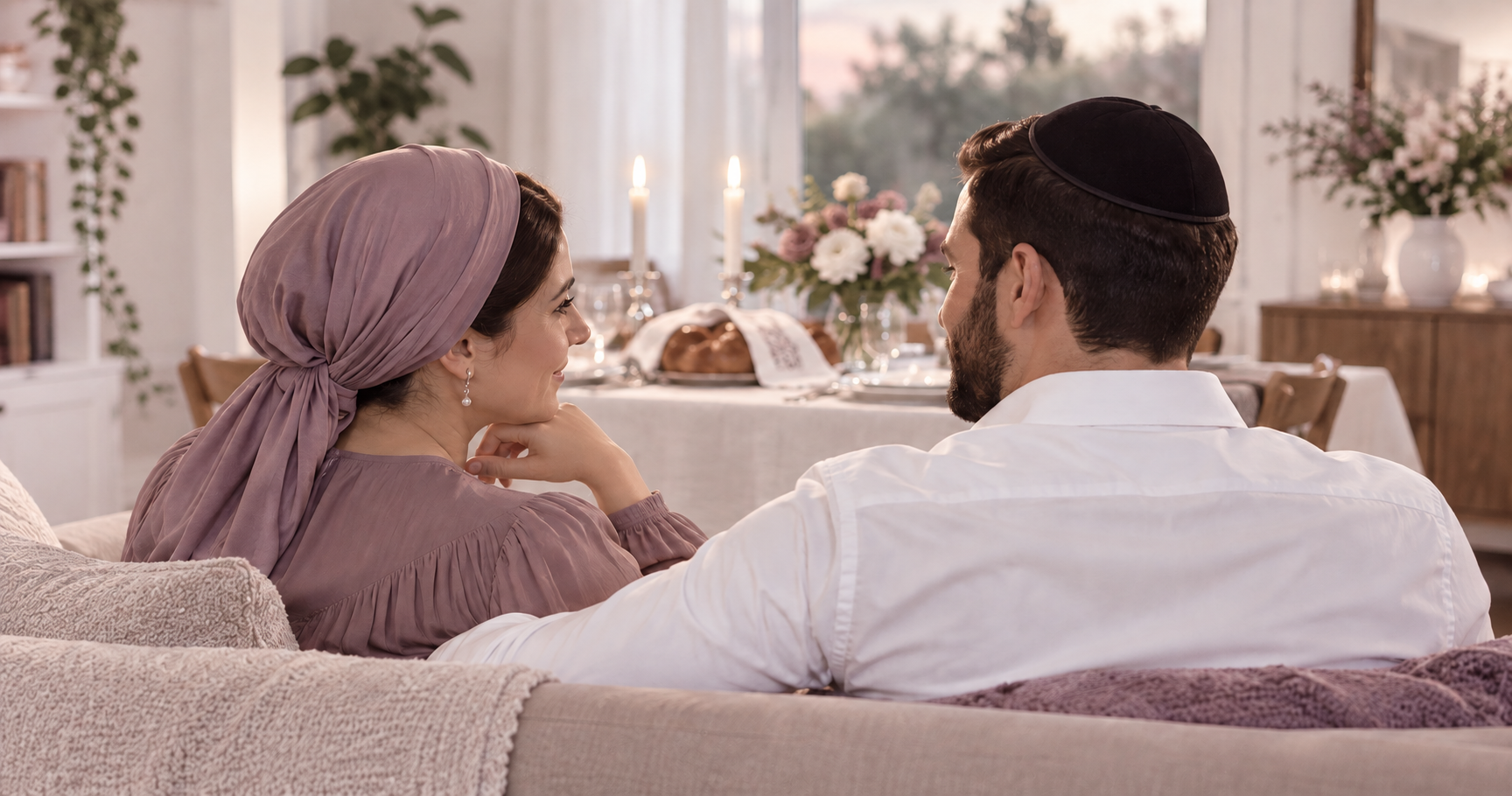 An Orthodox Jewish couple discussing religious observance with mutual respect