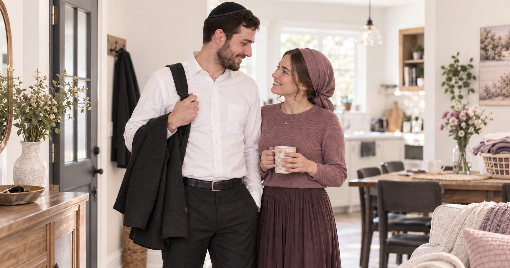 A young Orthodox Jewish married couple sharing an everyday moment at home