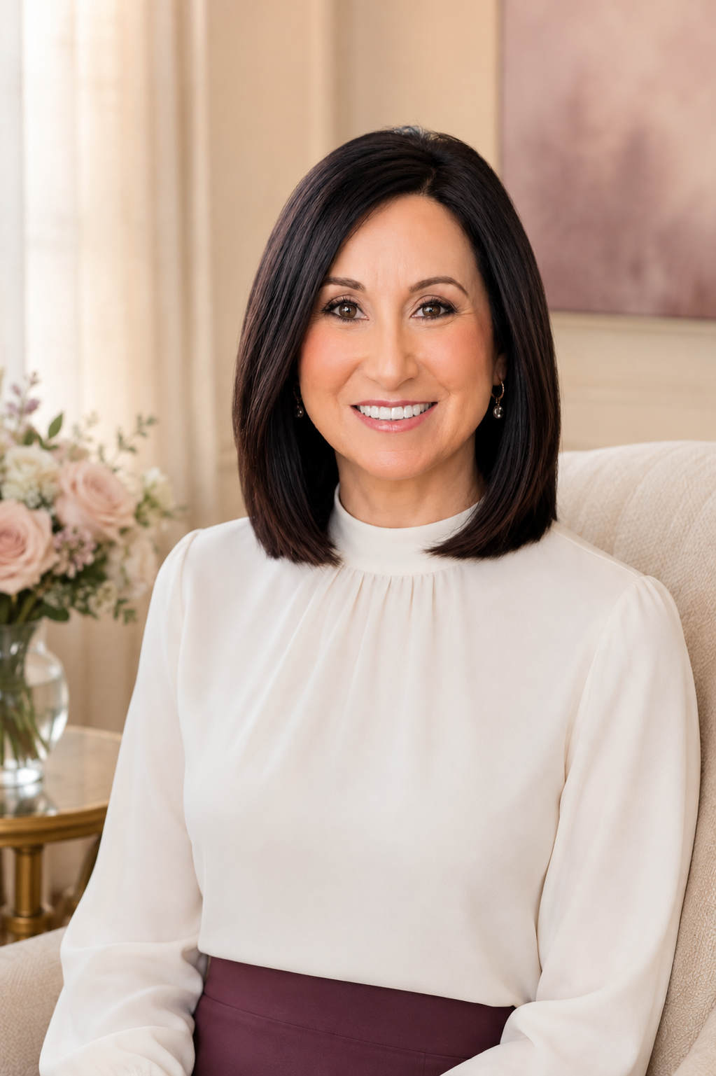 Sara Freed seated in a cream chair beside blush and ivory flowers, wearing an off-white blouse with a narrow deep mauve skirt visible at the waist