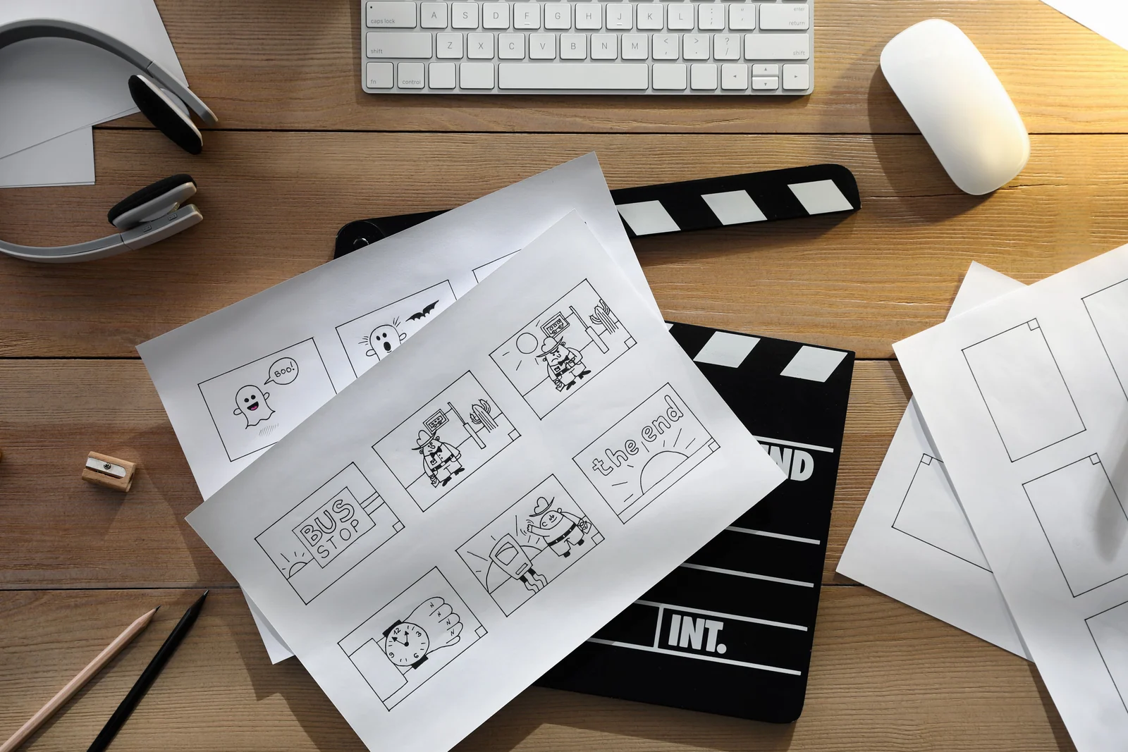 Gezeichnete Storyboard-Szenen, Filmklappe und Stifte auf einem Holztisch