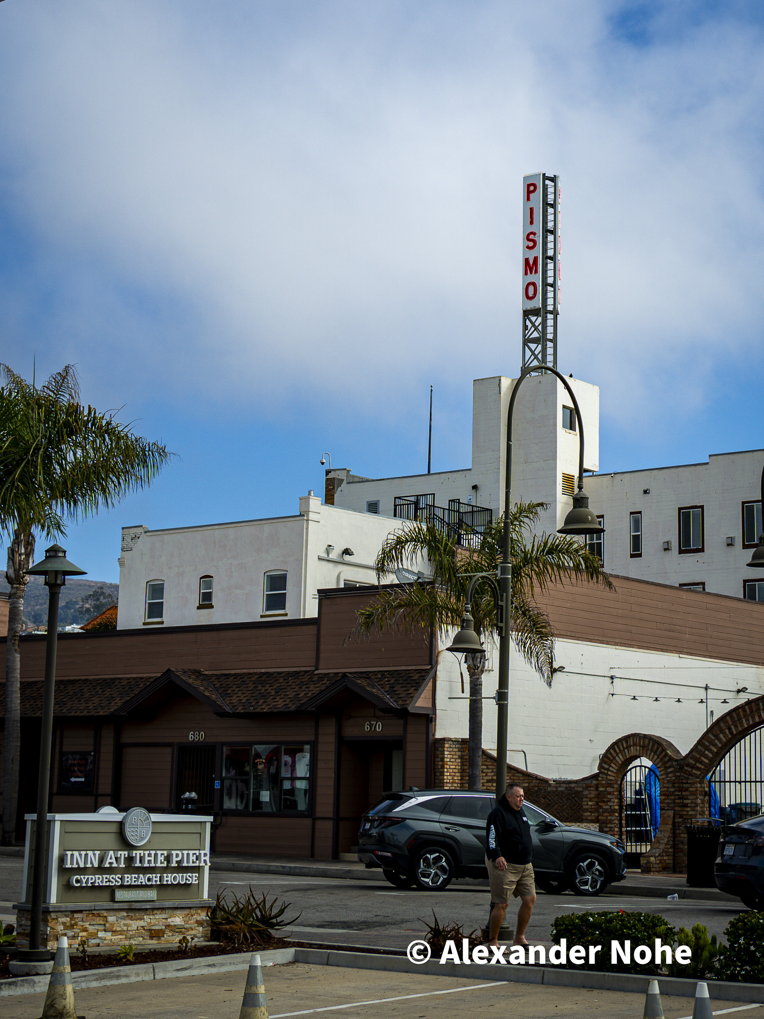 Inn at the Pier hotel entrance and rooftop tower