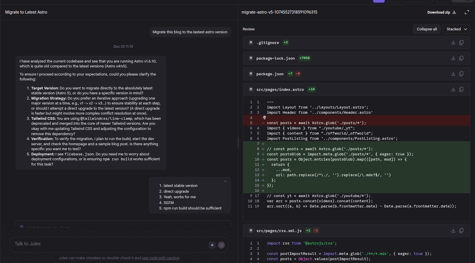 Jules screen where I started the migration