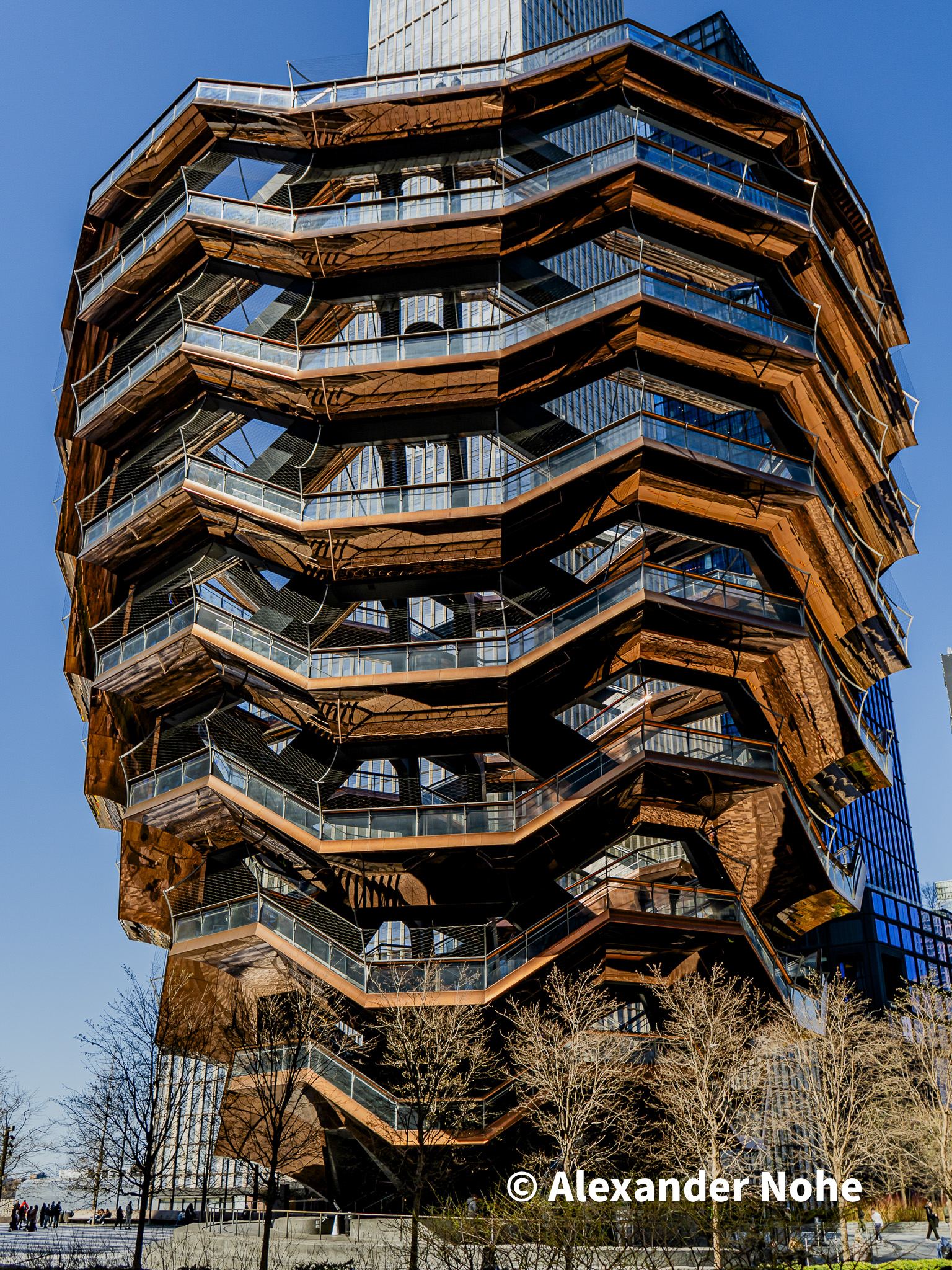 Upward view of The Vessel's honeycombed staircase structure