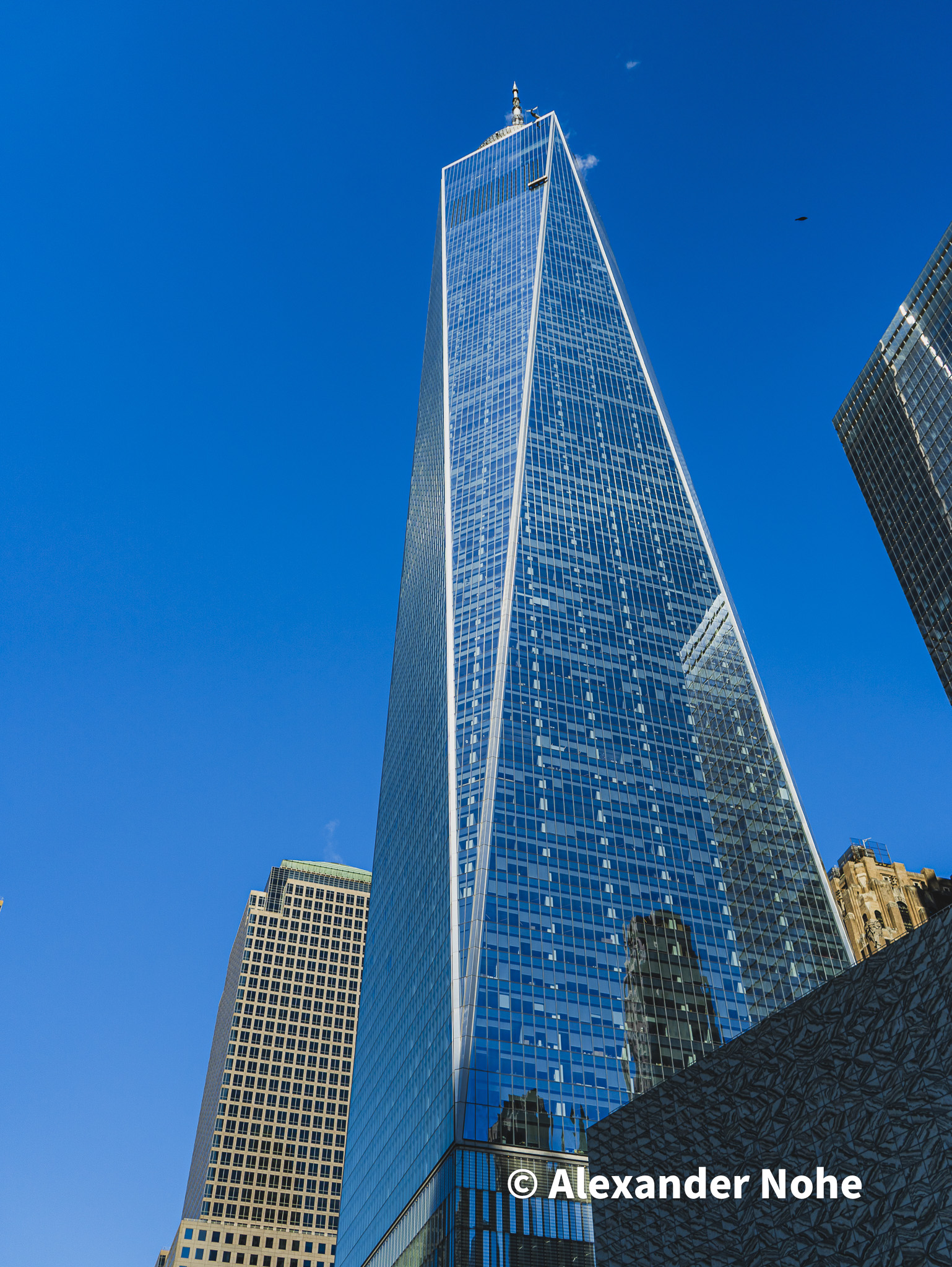 One World Trade Center rising into a clear blue sky