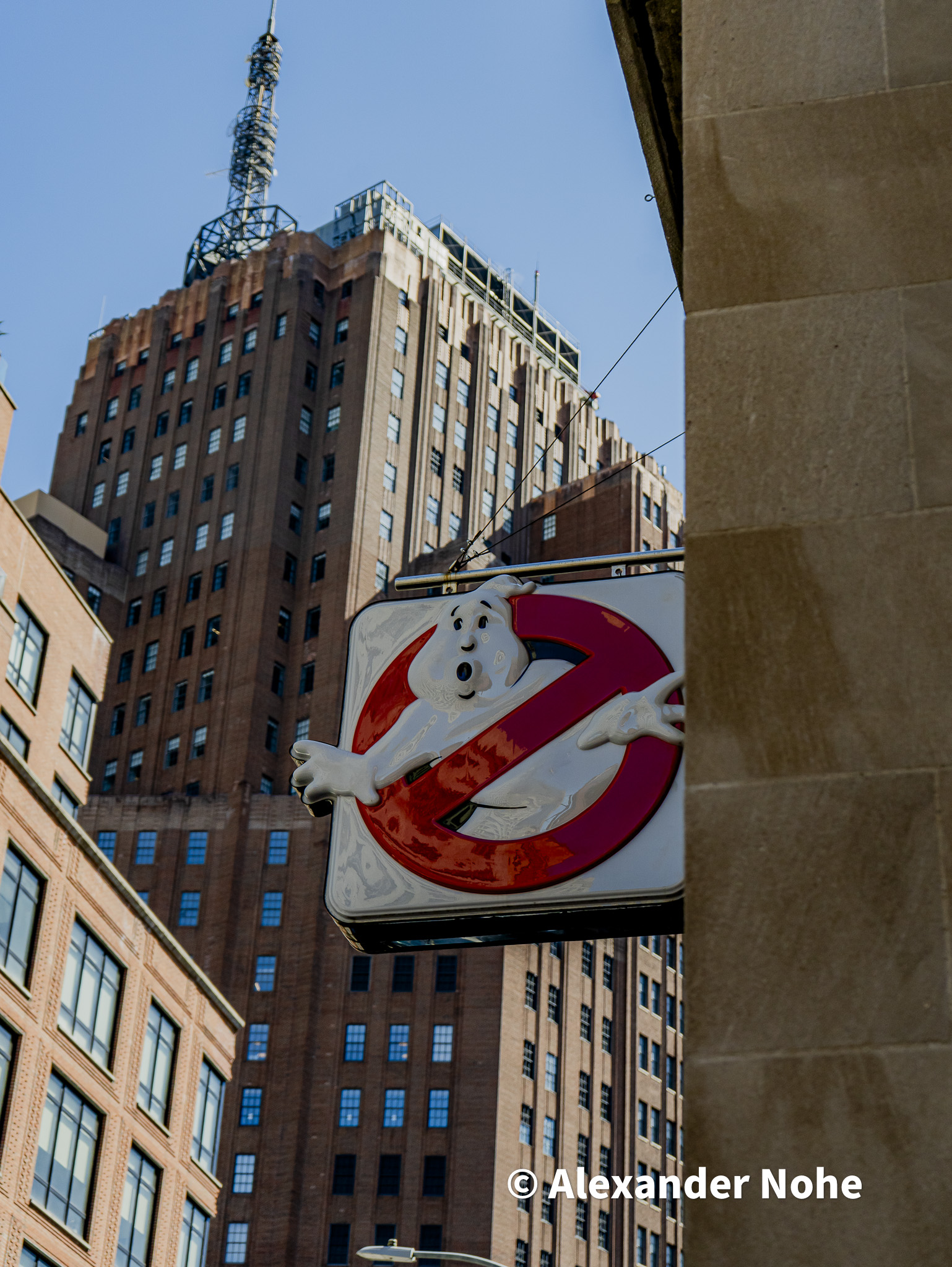 Ghostbusters logo hanging outside Hook & Ladder 8