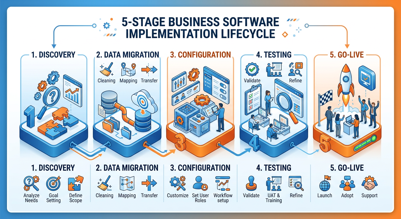 Infographic showing the 5 stages of the Odoo implementation lifecycle from discovery to go-live