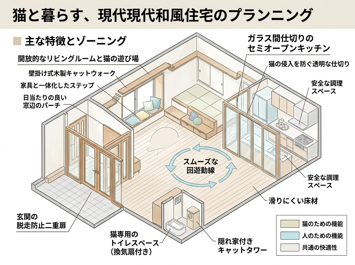 猫と暮らす家の間取りゾーニングと動線計画のイメージ