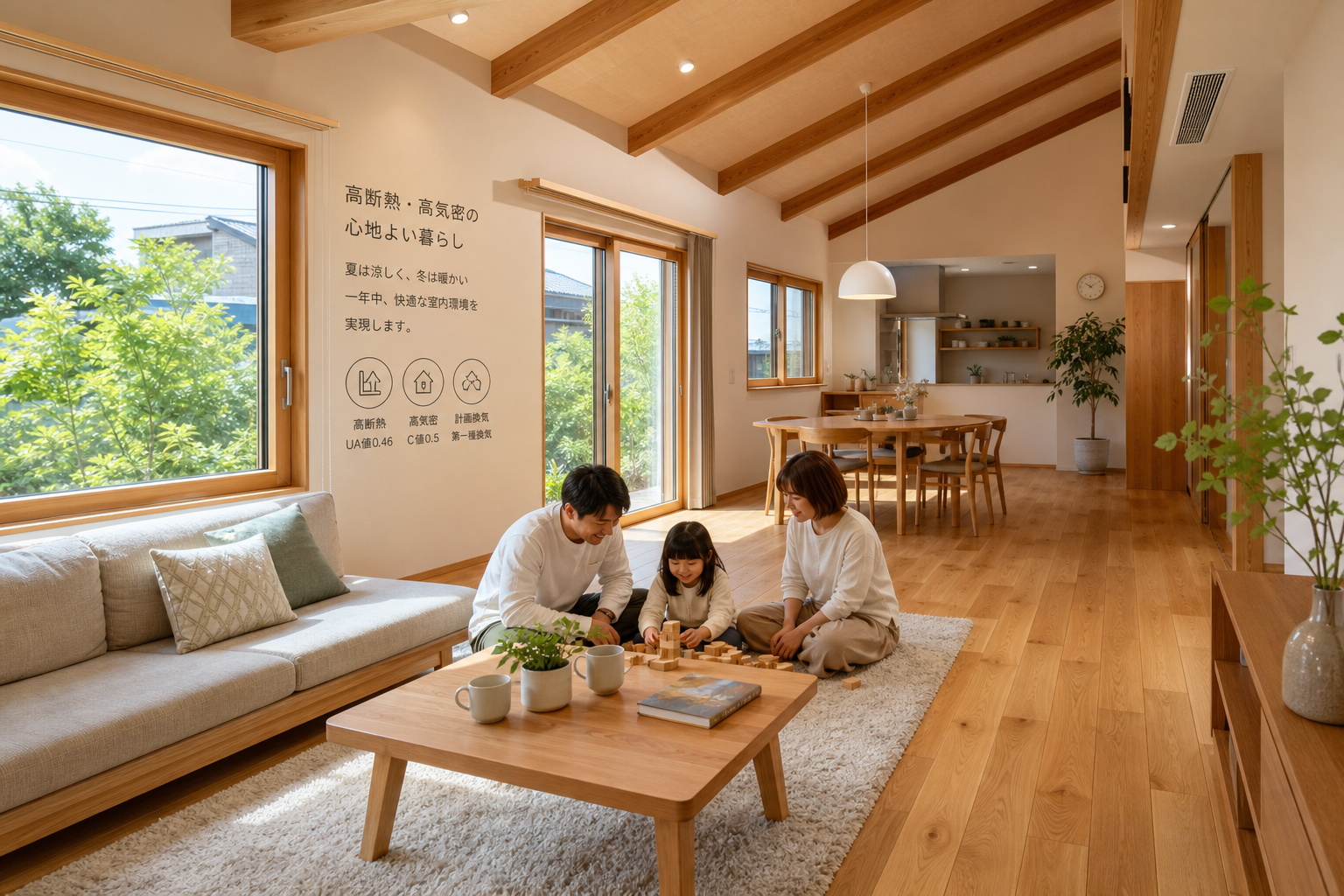 高気密・高断熱住宅による年中快適なリビング環境