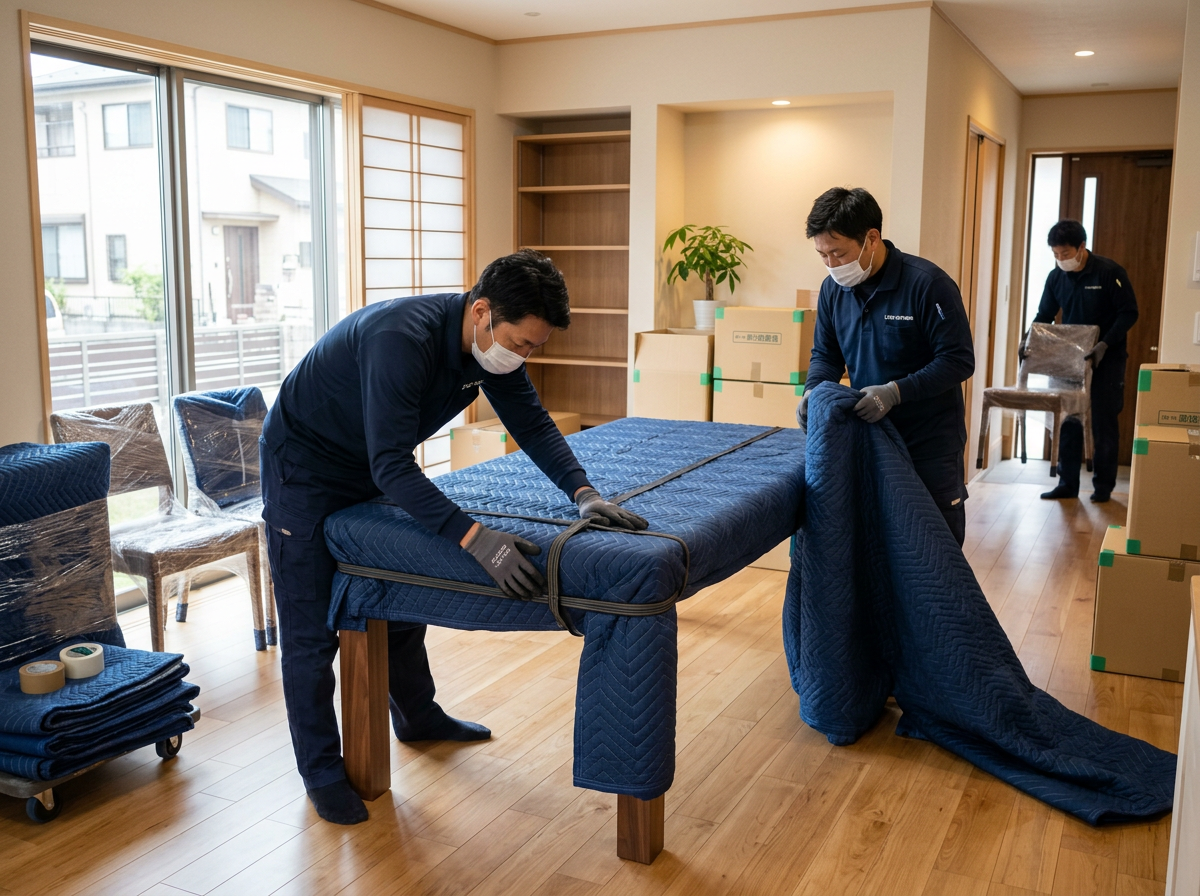 丁寧な梱包と運搬作業の様子