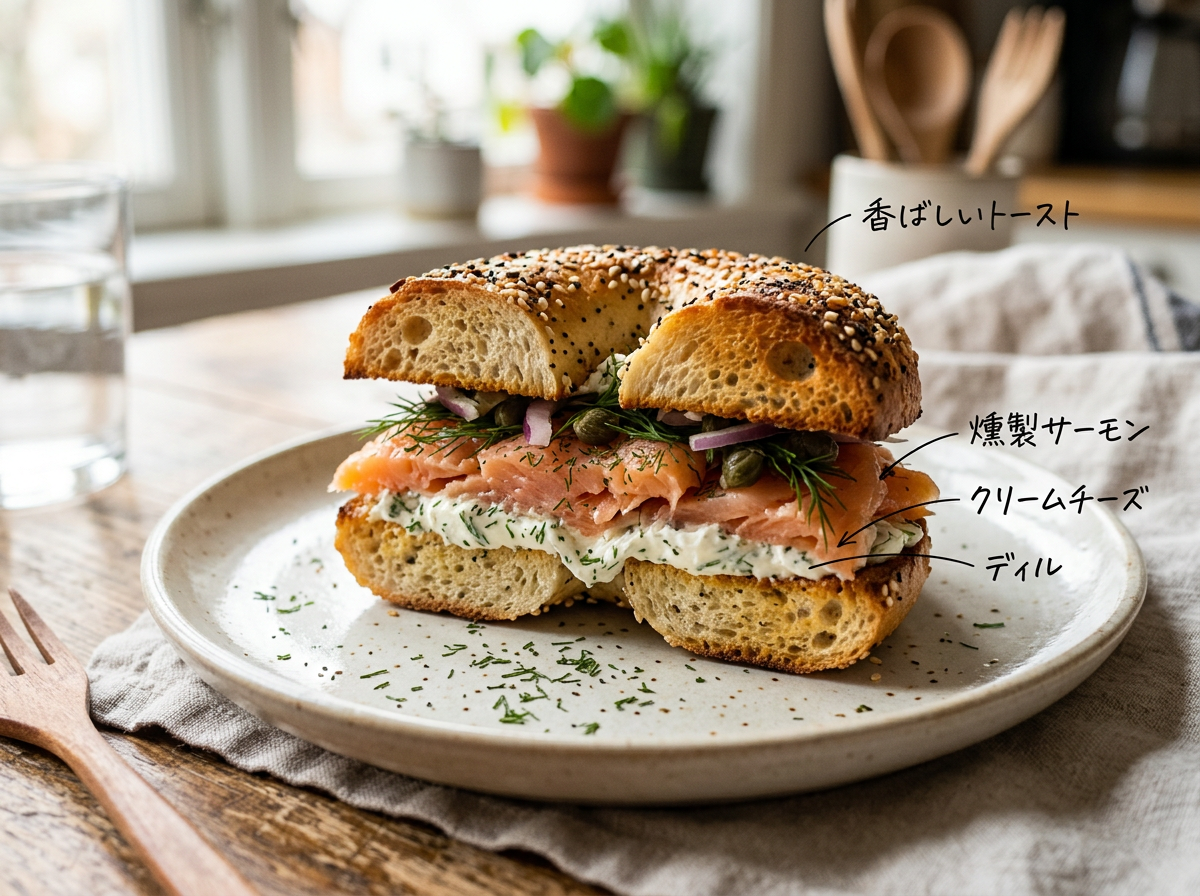 香ばしくトーストしたベーグルサンド