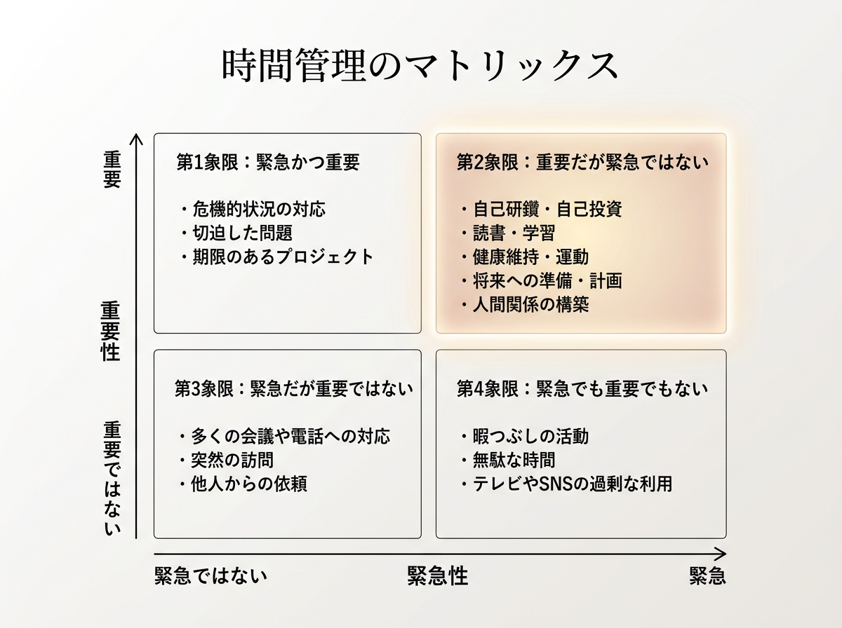 時間管理マトリクスにおける第Ⅱ領域（重要だが緊急でないこと）の図解