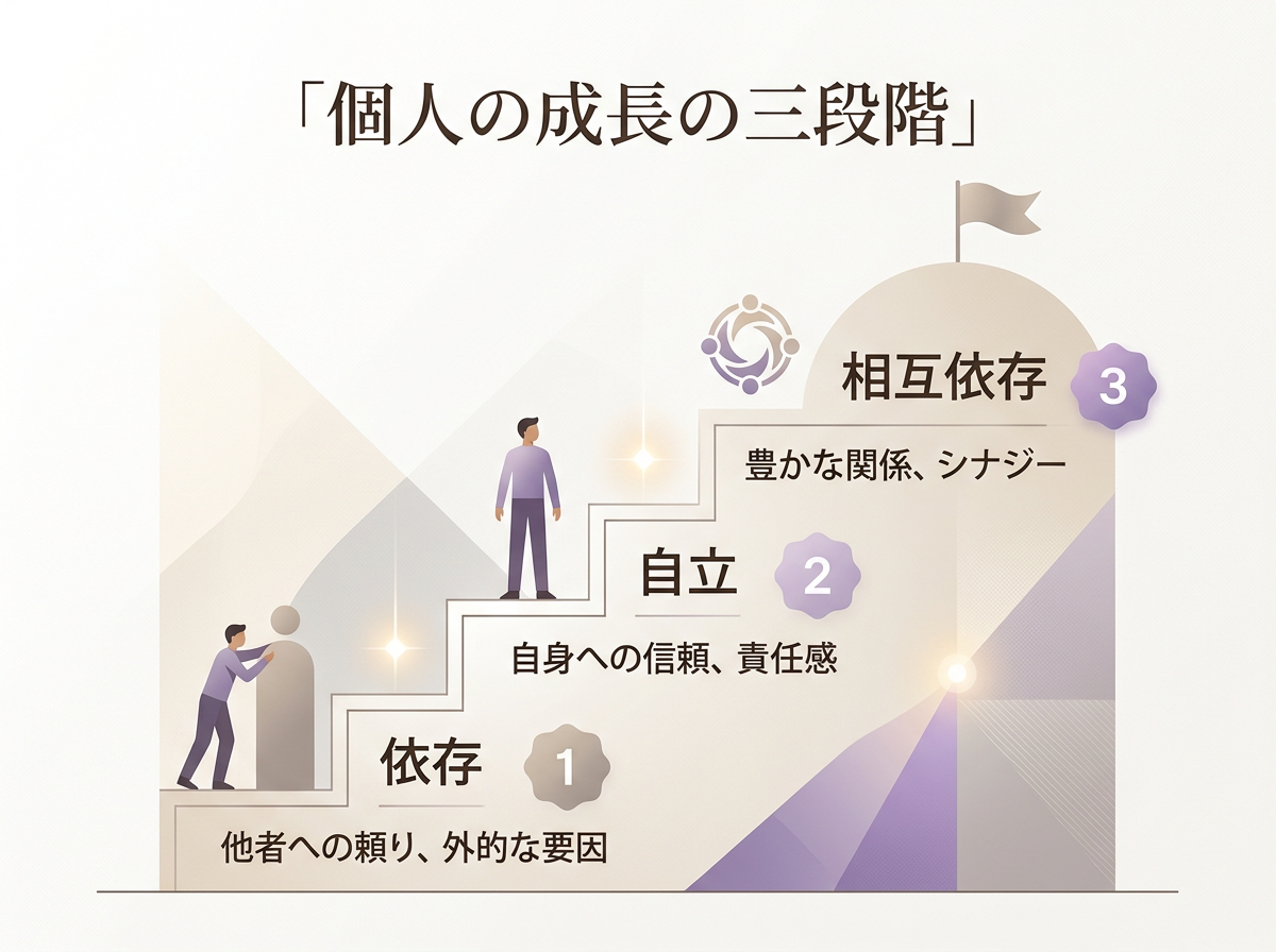 7つの習慣における成長の3段階（依存・自立・相互依存）の概念図