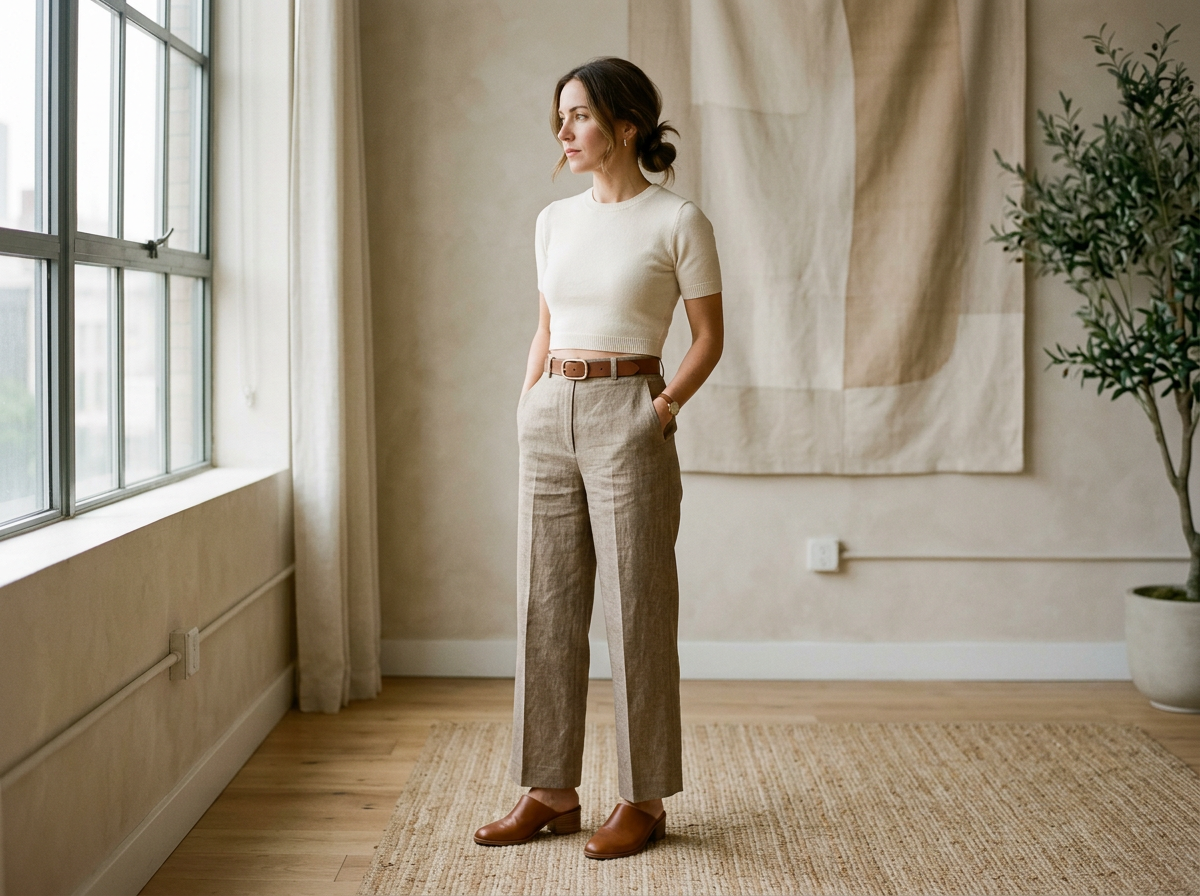 Petite woman wearing high-waisted wide-leg linen pants with tailored proportions and clean hemlines