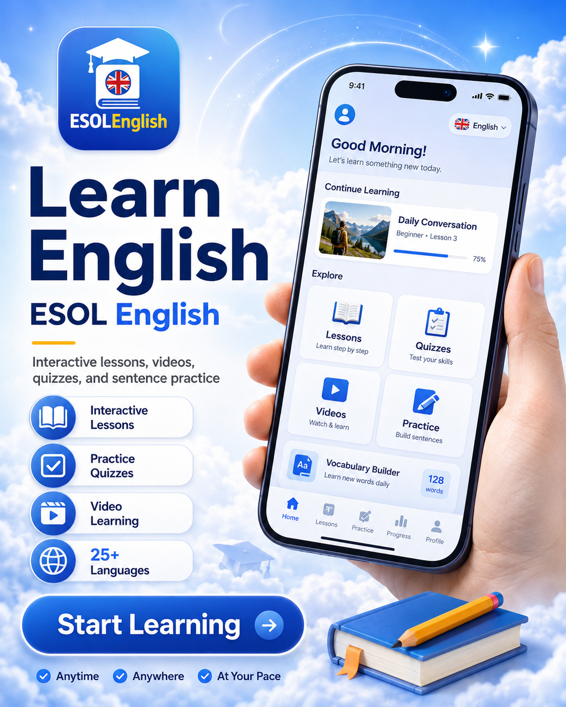 ESOL English learning app with interactive English lessons, quizzes, videos and sentence practice