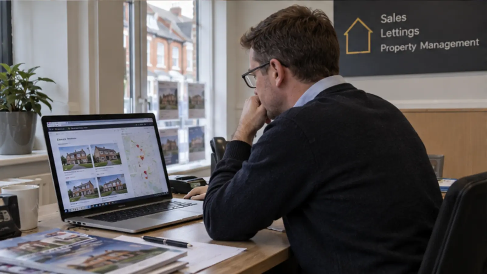 UK estate agent reviewing property listings and viewing requests