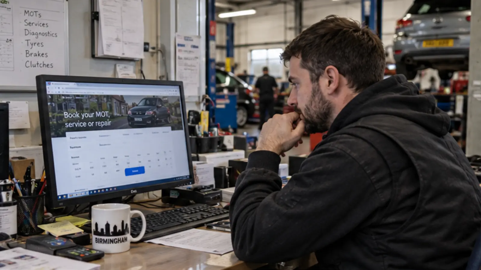 Birmingham mechanic reviewing an online service booking website