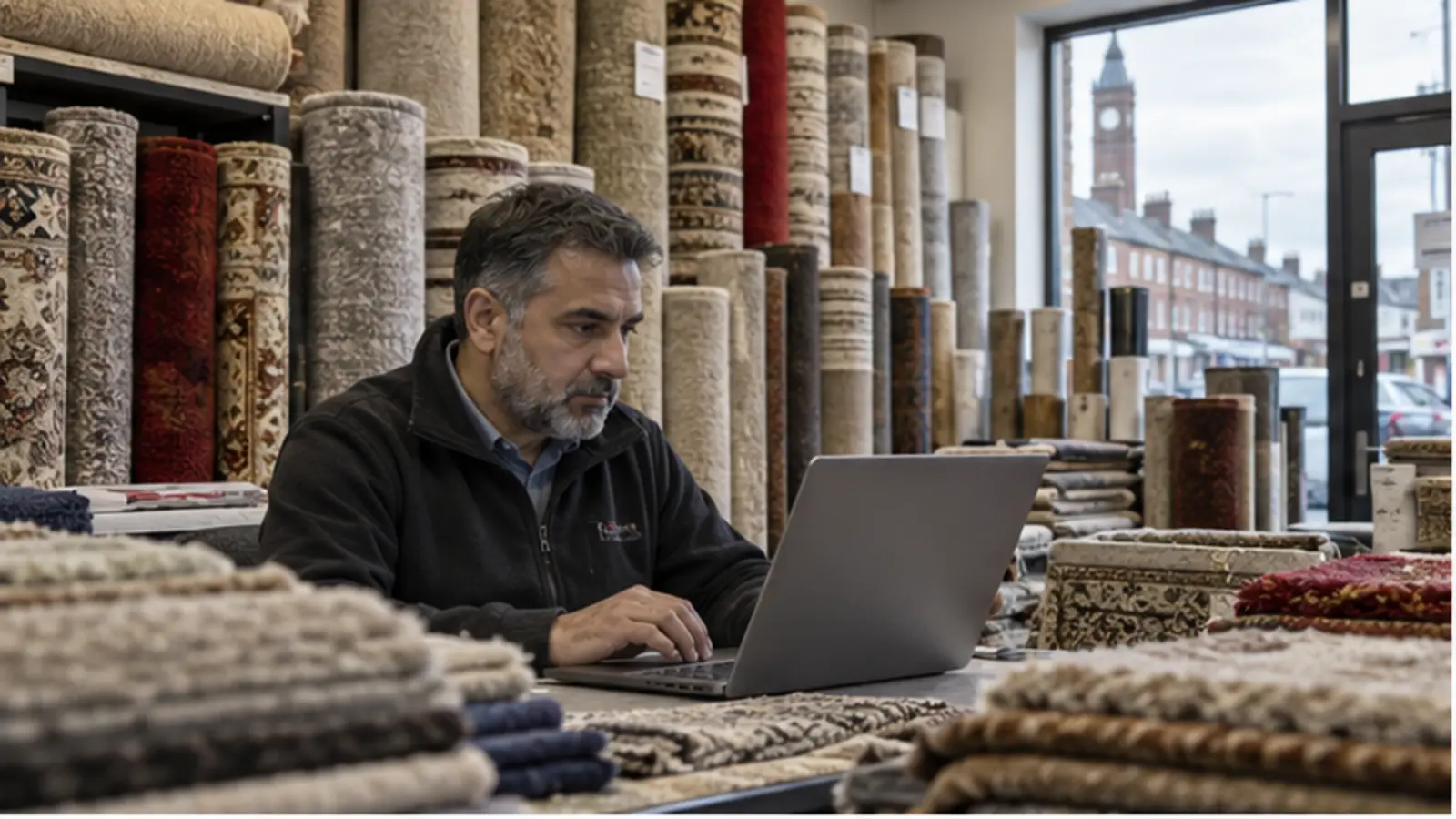 Birmingham carpet showroom owner using a website among carpet rolls