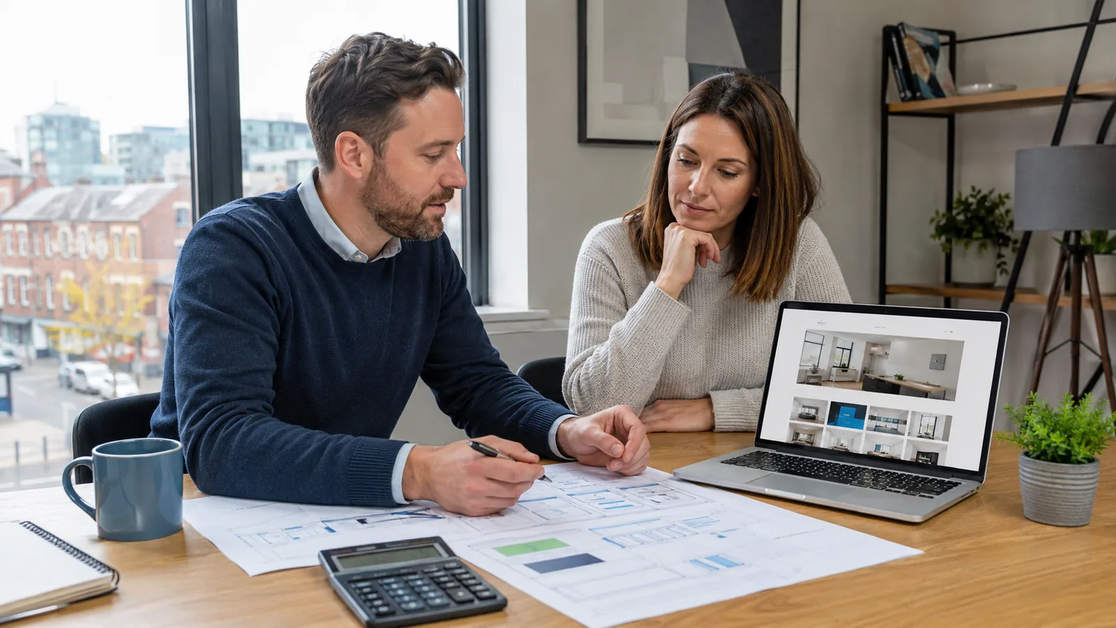Business owner discussing website cost and planning with a web designer in Birmingham B11