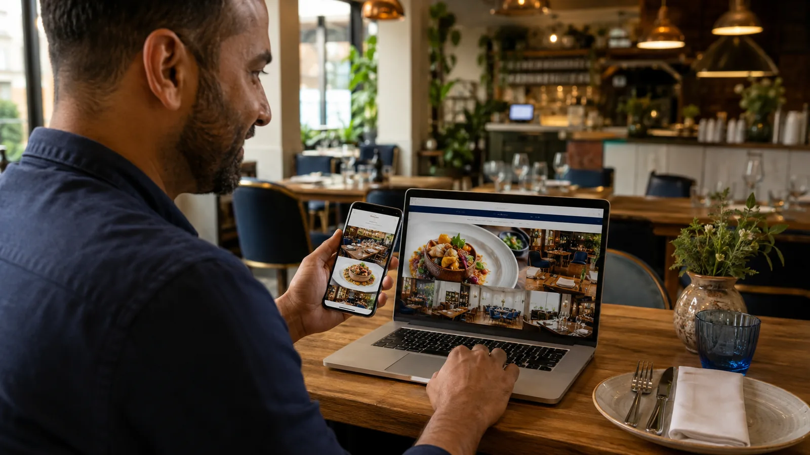 Restaurant owner reviewing a responsive restaurant website in Sparkhill and Birmingham B11