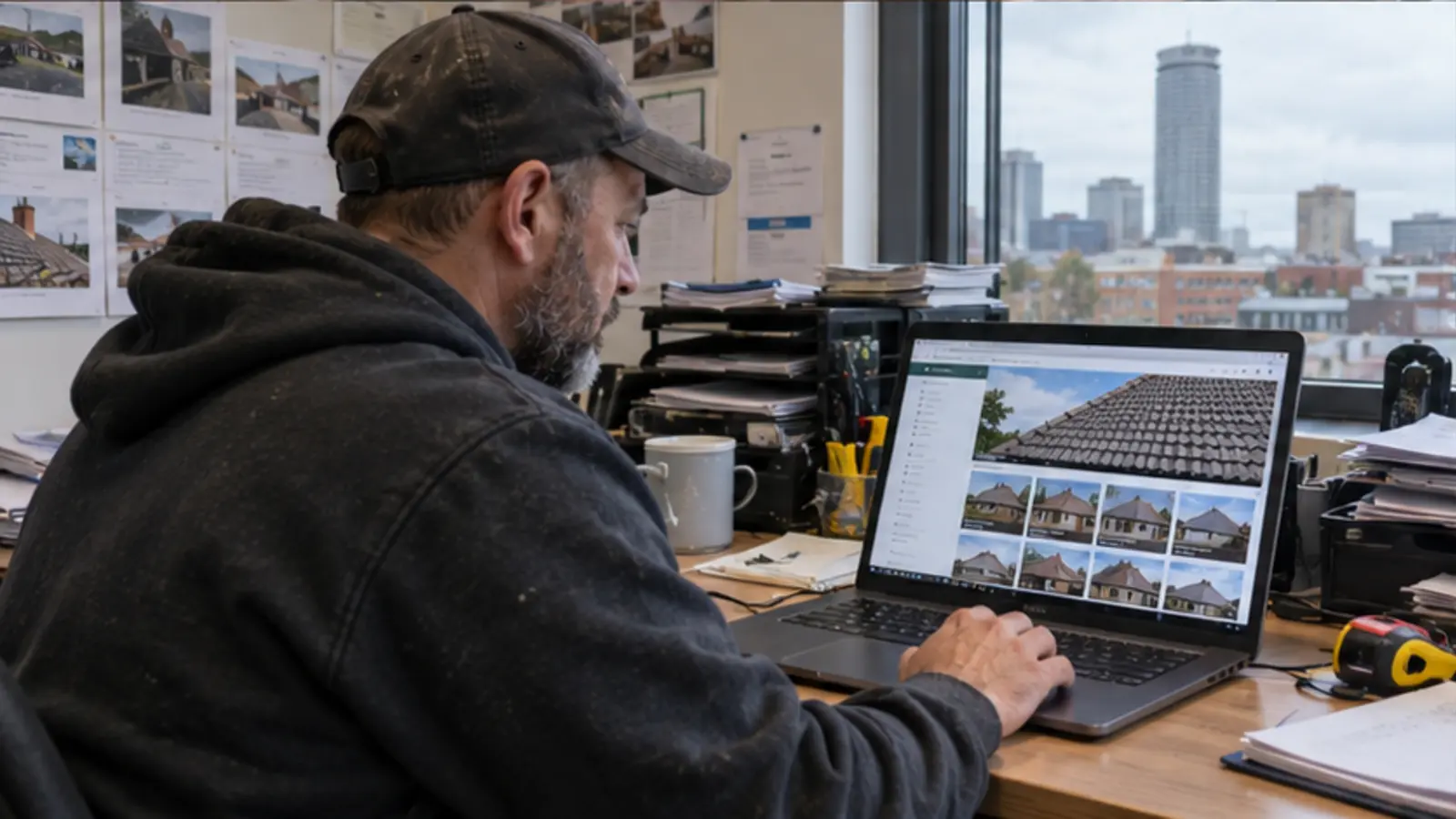 Birmingham roofing contractor checking a website project gallery