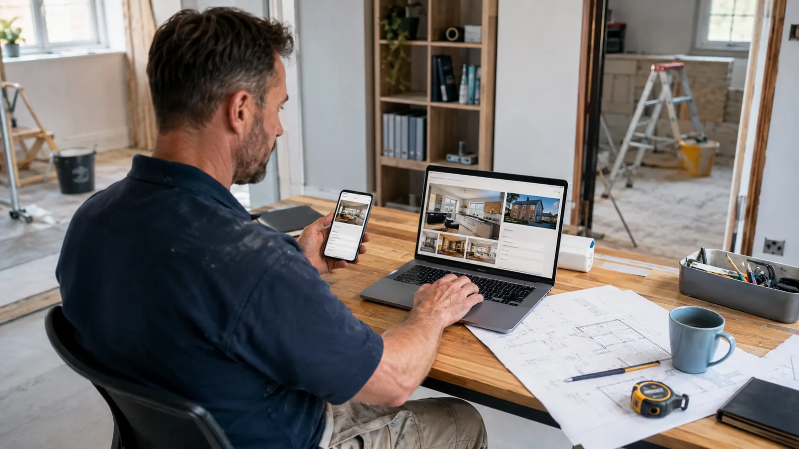 Birmingham B11 trades business owner reviewing a project portfolio website on laptop and phone