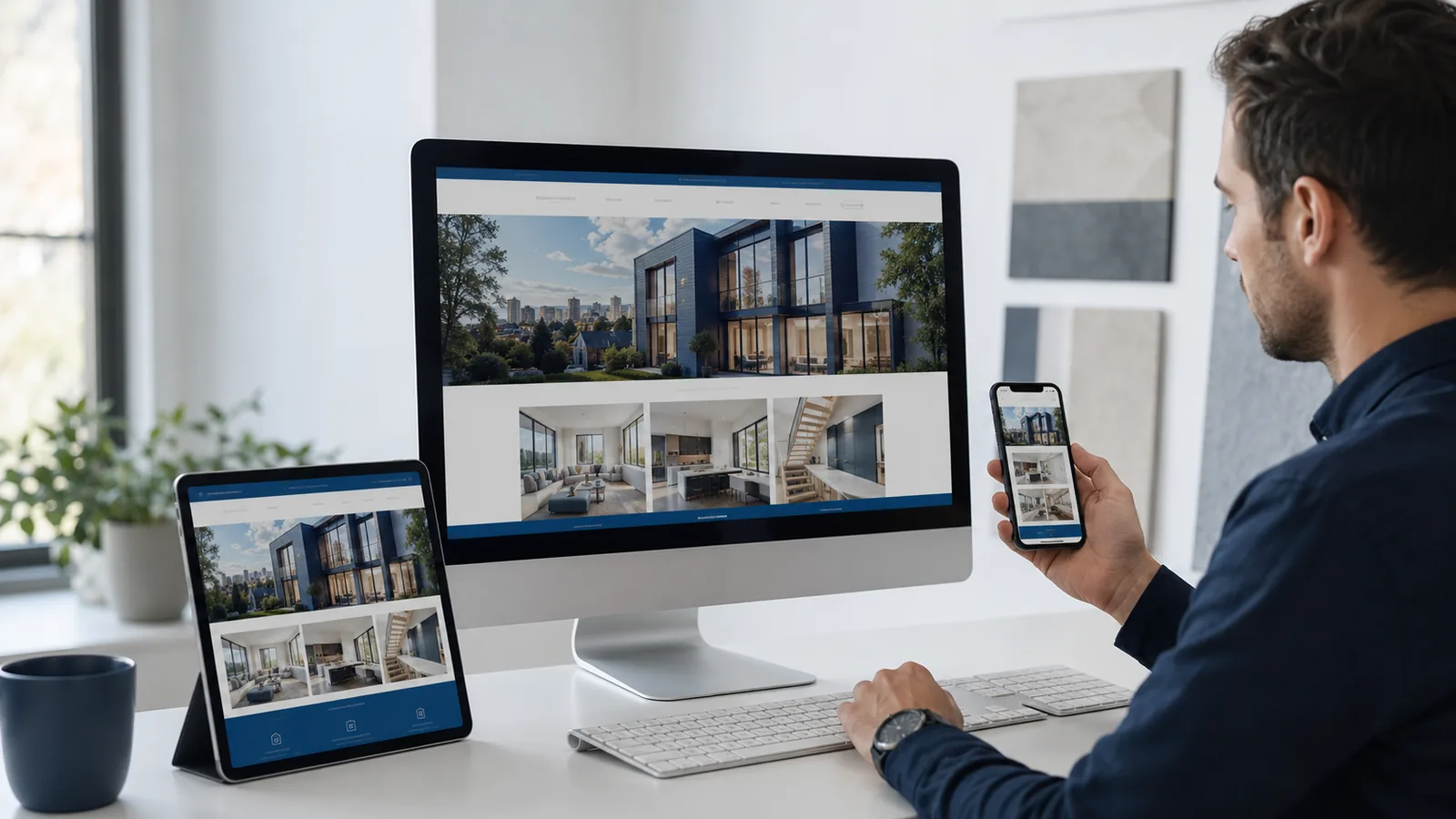 Designer testing a mobile-friendly B11 business website on desktop tablet and smartphone