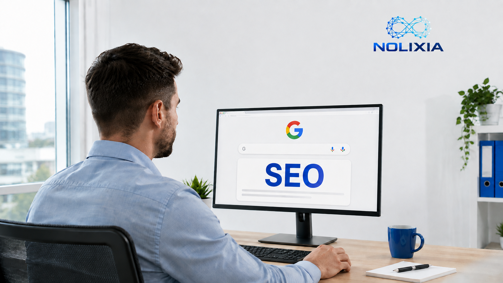 Business owner viewing SEO results on Google with Nolixia SEO services