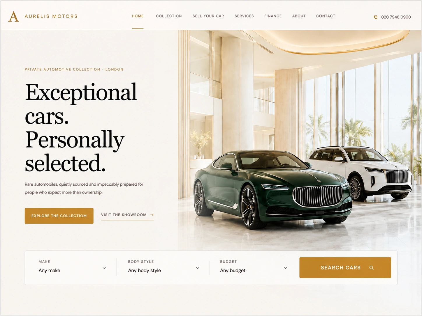 Aurelis Motors luxury car dealership website homepage showing premium cars in a modern showroom