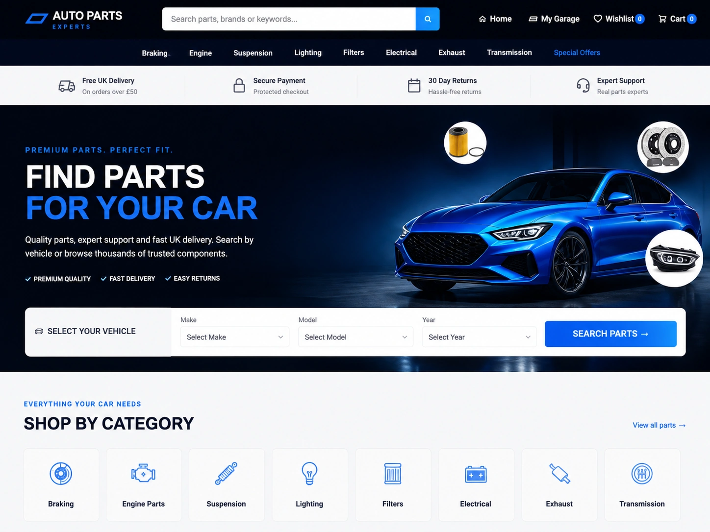 Auto Parts Experts website homepage showing a blue car, automotive components and vehicle parts search interface