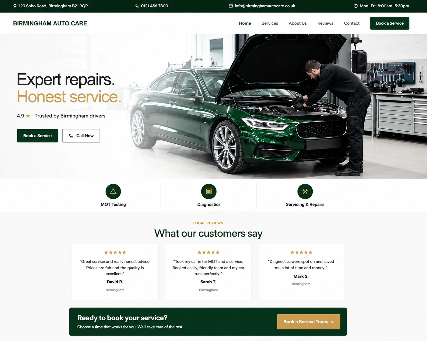 Birmingham Auto Care website homepage showing a mechanic repairing a green car in a professional garage